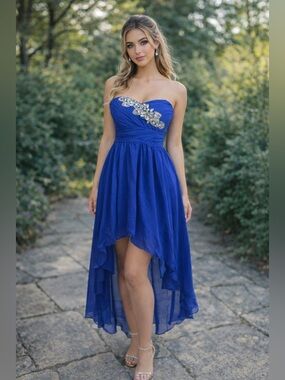 Deb Royal Blue Strapless High-Low Dress with Crystal Appliqué